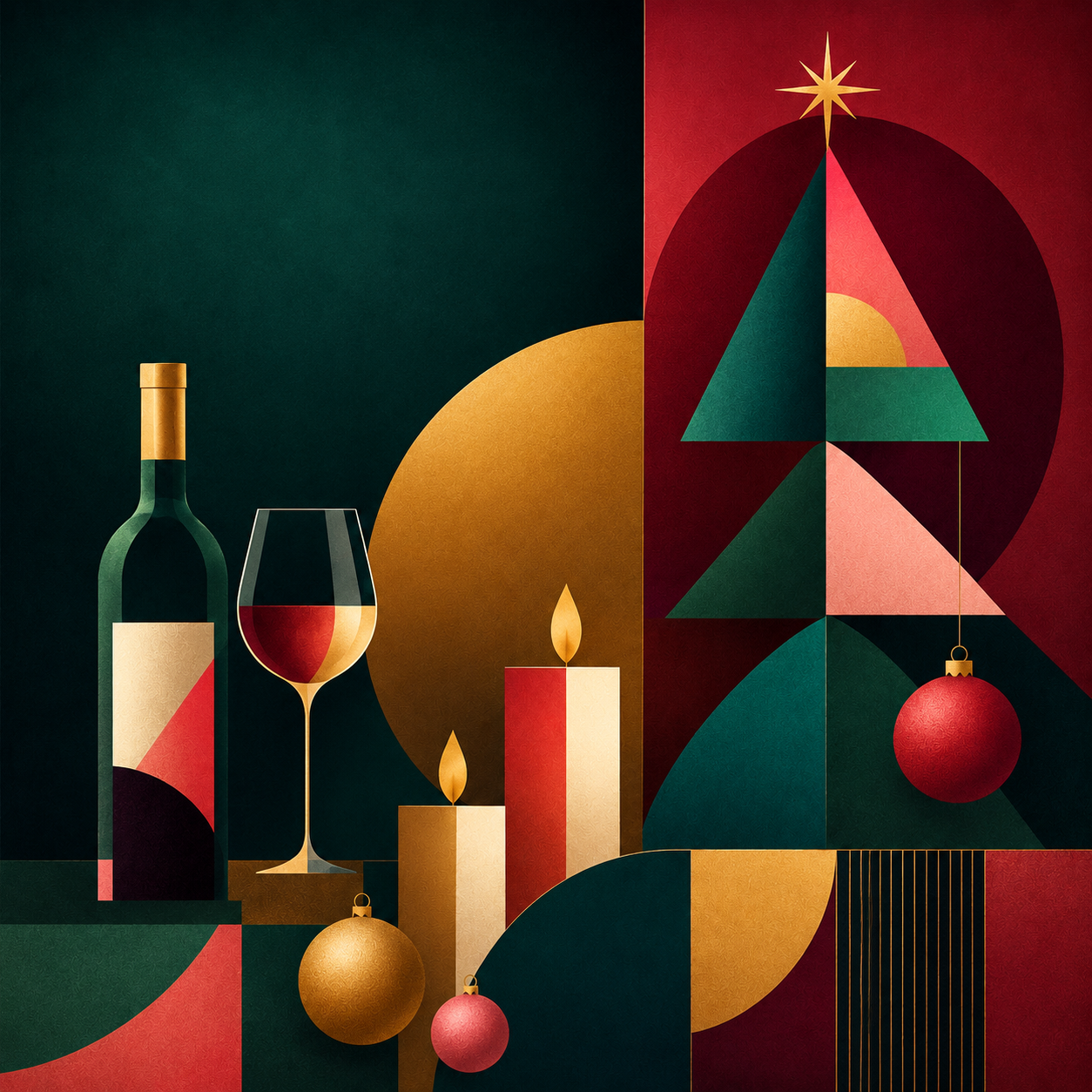 Abstrakte, geometrische Weihnachtsillustration im Bauhaus-/Swiss-Design-Stil: Eine stilisierte Szene mit Weinflasche, Weinglas, zwei Kerzen und Christbaumkugeln vor einem grafisch aufgebauten Weihnachtsbaum. Kräftige Farben wie Dunkelgrün, Petrol, Rot, Rosa und Gold treffen auf klare Formen wie Kreise, Halbkreise, Rechtecke und Dreiecke. Die Komposition wirkt modern, festlich und hochwertig – ideal als stilvolles Motiv für Weihnachtsveranstaltungen in der Weinlounge.