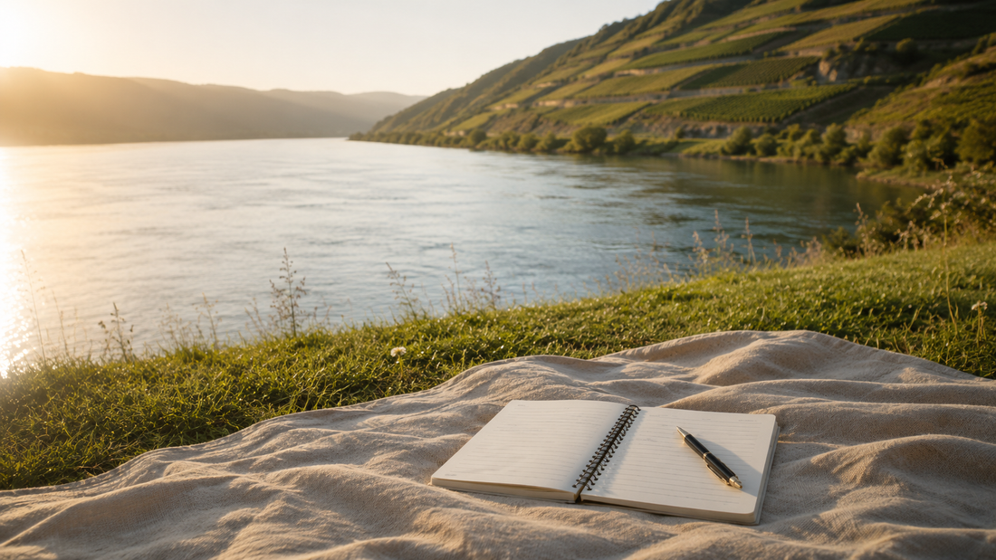 Ruhige Stimmung am Moselufer auf einer Decke liegt ein aufgeschlagenes Notizbuch, im Hintergrund die Mosel und steile Weinberge