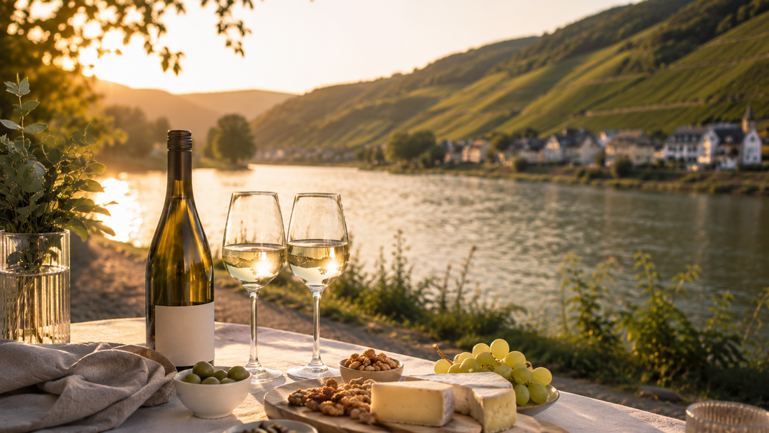Picknick am Moselufer bei Sonnenuntergang mit einer Flasche Weißwein, zwei gefüllten Weingläsern, Käse, Trauben und Snacks vor grünen Weinbergen und Flusslandschaft.