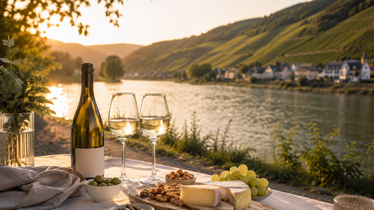 Picknick am Moselufer bei Sonnenuntergang mit einer Flasche Weißwein, zwei gefüllten Weingläsern, Käse, Trauben und Snacks vor grünen Weinbergen und Flusslandschaft.