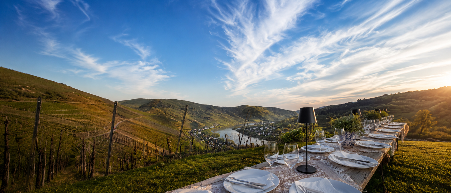 Stimmungsvoller Website-Header mit einer langen gedeckten Tafel in den Moselweinbergen, Blick über das Tal und die Reben sowie einem weiten Himmel in der Abendstimmung – passend für Genuss, Events und besondere Momente an der Mosel.