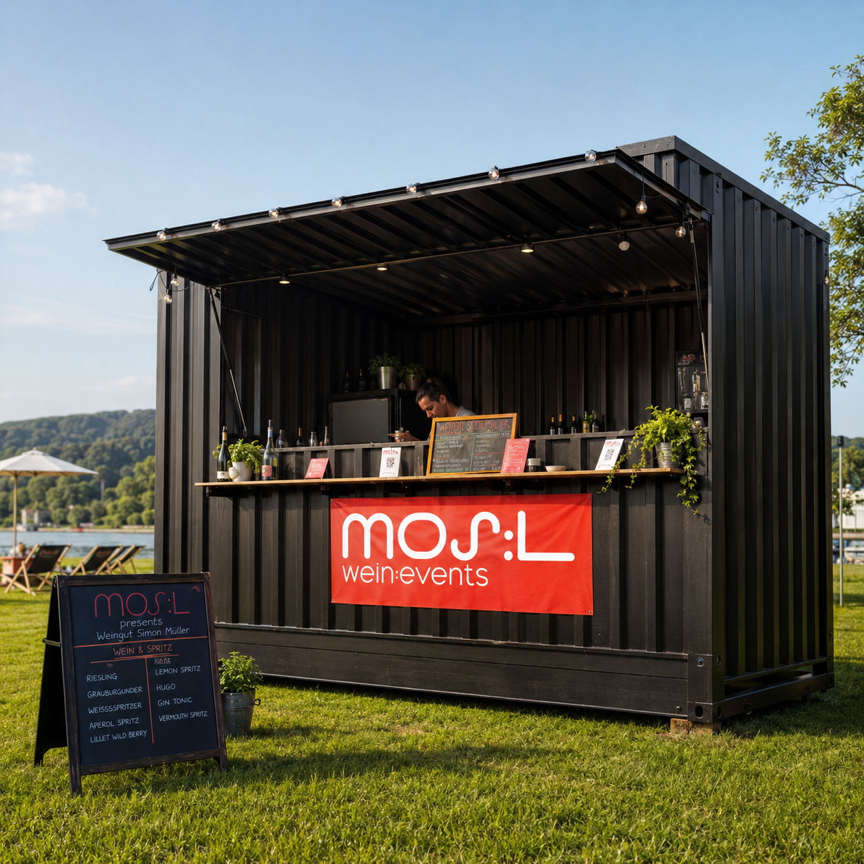 Moderner schwarzer MOS:L Ausschankcontainer auf einer Wiese am Moselufer mit Weinkarte, Pflanzen, Lichterkette und rotem MOS:L Logo – vorbereitet für Wein, Spritz und mobile Events.