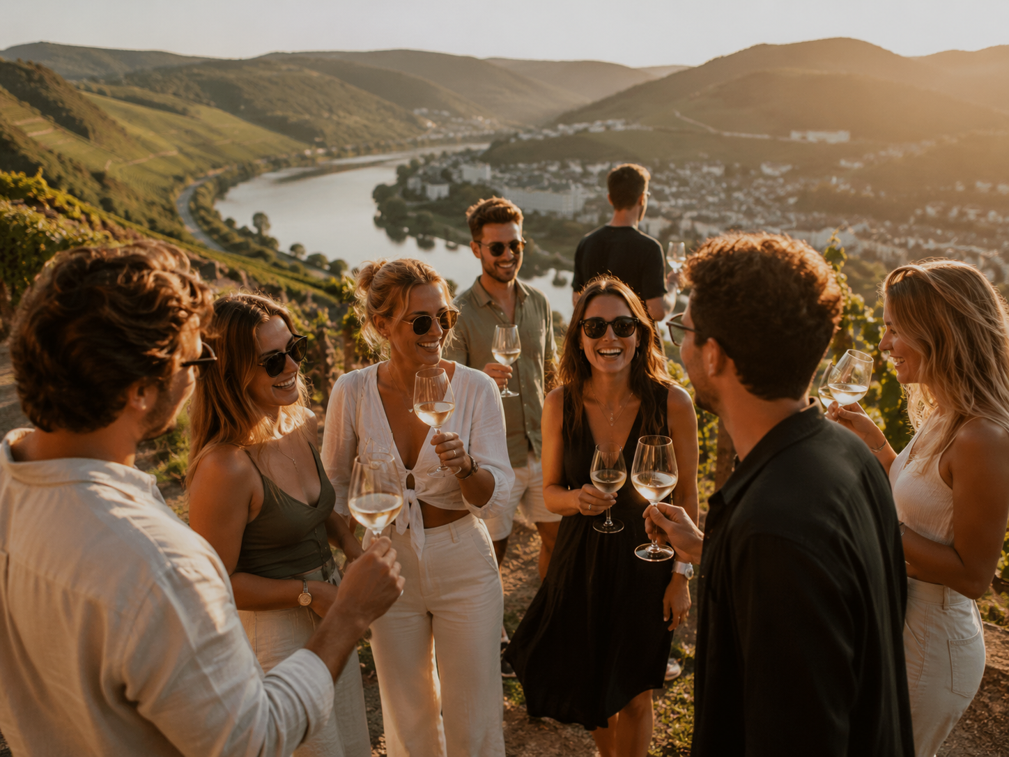 Eine moderne junge Gruppe feiert entspannt und stilvoll in den Moselweinbergen, stößt mit Weingläsern an und genießt den Sonnenuntergang mit Blick auf die Mosel und die umliegenden Weinberge.
