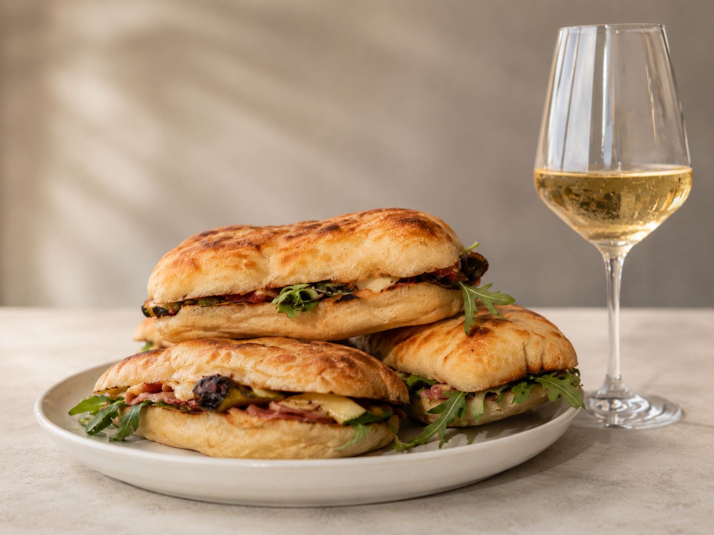 Drei frisch gebackene, gefüllte Paninis auf einem weißen Teller, daneben ein Glas Weißwein vor einem schlichten neutralen Hintergrund – passend für After-Work, Weinlounge und unkomplizierten Genuss.