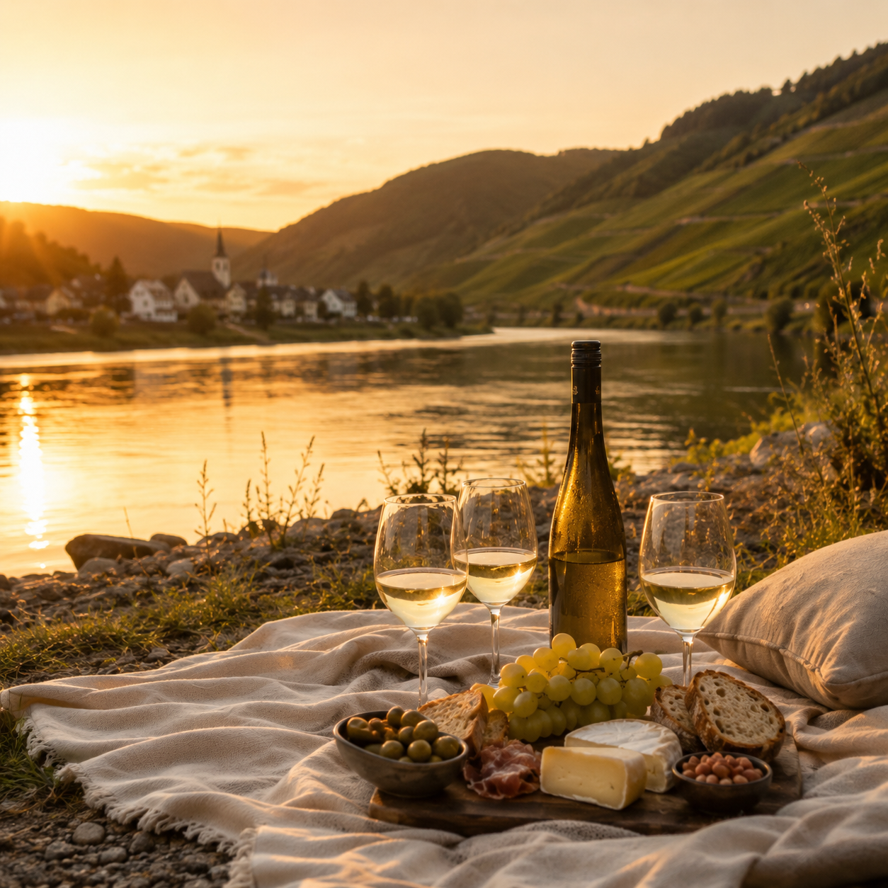 Ein stilvolles Picknick direkt am Ufer der Mosel bei Sonnenuntergang mit einer Weinflasche, gefüllten Weingläsern, Trauben, Käse und Brot vor der Kulisse von Fluss, Weinbergen und einem kleinen Moselort.