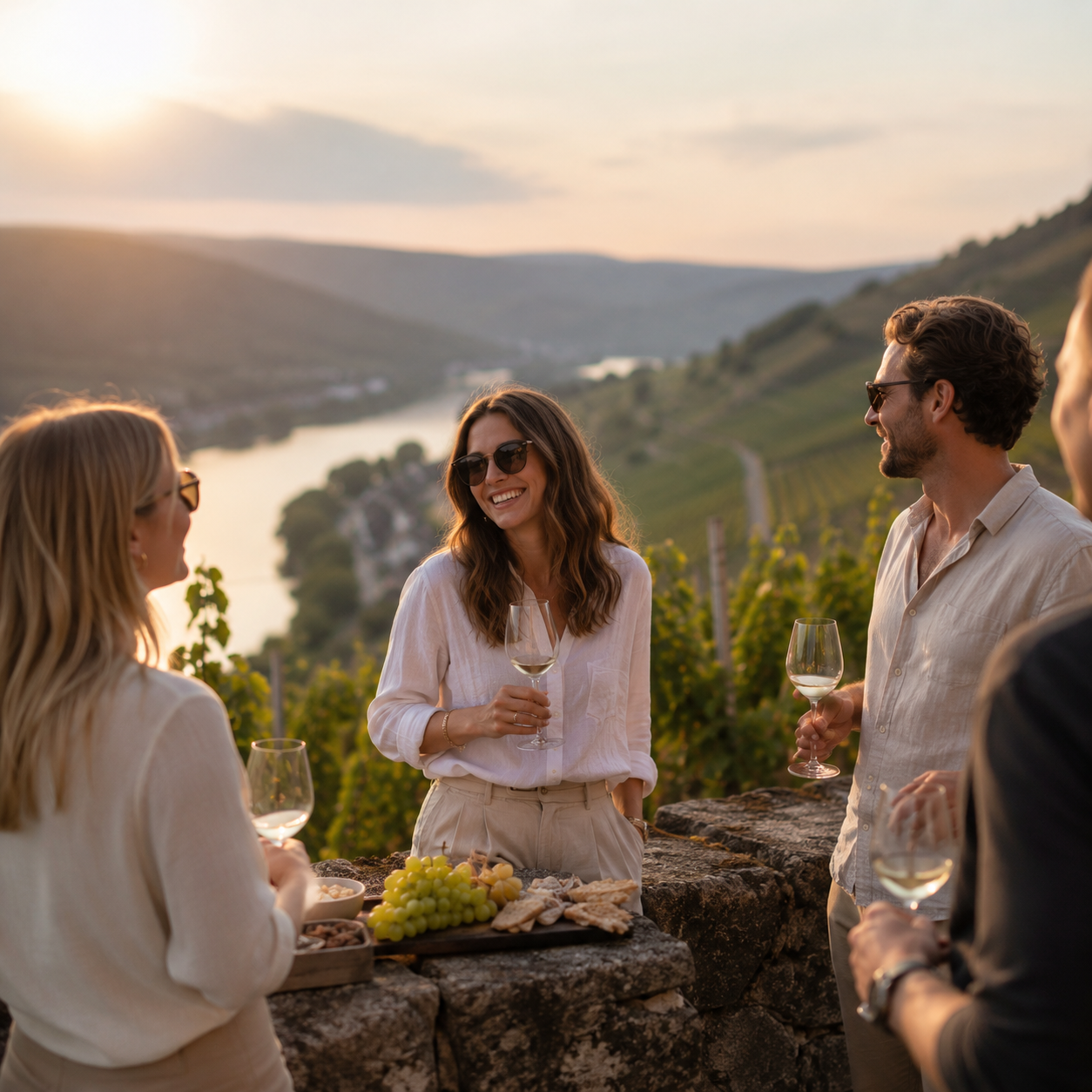 Eine kleine Gruppe genießt Wein und Snacks in moderner, entspannter Atmosphäre in den Moselweinbergen bei Sonnenuntergang, mit Blick auf das Moseltal.