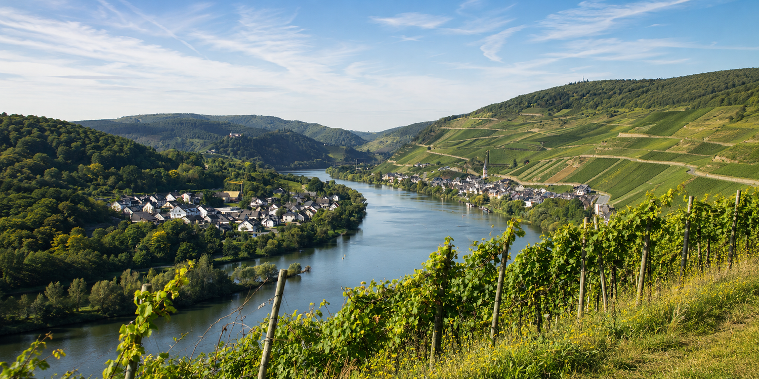 Weites Moselpanorama mit Flusslauf, steilen Weinbergen, Reben im Vordergrund und kleinen Moselorten am Ufer – die Landschaft, in der die Weine von MOS:L entstehen.