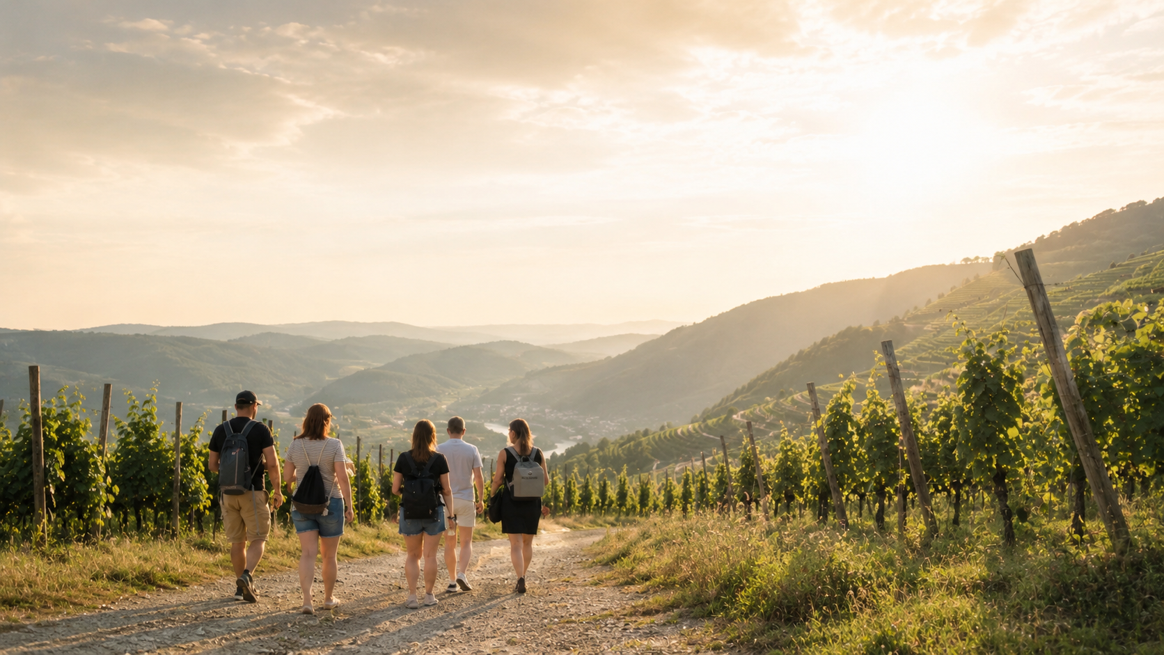 Menschen wandern bei Sonnenuntergang durch die Weinberge an der Mosel, umgeben von Reben, Hügeln und warmer Abendstimmung – passend zu Wein-Events und Genussmomenten von MOS:L.