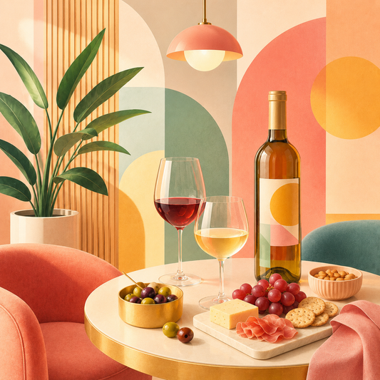 Helle, grafische Illustration einer stilvollen Weinlounge im modernen Bauhaus-/Swiss-Design-Stil: Auf einem runden Tisch stehen eine Weinflasche, ein Glas Rotwein und ein Glas Weißwein, dazu kleine Snacks wie Oliven, Käse, Trauben, Cracker und feine Schinkenröllchen. Im Hintergrund sorgen eine Zimmerpflanze, eine Pendelleuchte und geometrische Formen in Creme, Apricot, Koralle, Salbeigrün und Gold für eine freundliche, entspannte Afterwork-Atmosphäre.
