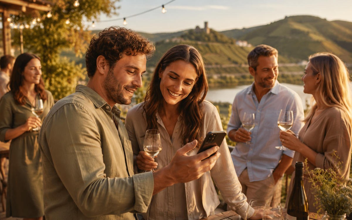 Eine kleine Gruppe genießt ein modernes Wein-Event an der Mosel, während eine Person auf dem Smartphone etwas zeigt – mit Weingläsern, warmer Abendstimmung, Moselblick und Weinbergen im Hintergrund.