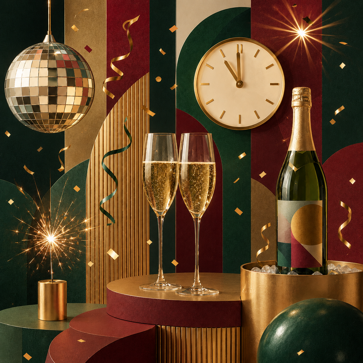 Grafische Silvester-Illustration im modernen Bauhaus-/Swiss-Design-Stil: Zwei gefüllte Sektgläser stehen auf einem goldenen Podest, daneben eine Sektflasche im goldenen Kühler. Im Hintergrund zeigen eine Uhr kurz vor Mitternacht, eine Discokugel, Konfetti, Luftschlangen und funkelnde Wunderkerzen eine festliche Silvesterstimmung. Die Farbwelt aus Dunkelgrün, Burgunderrot, Gold und Creme wirkt elegant, hochwertig und feierlich.