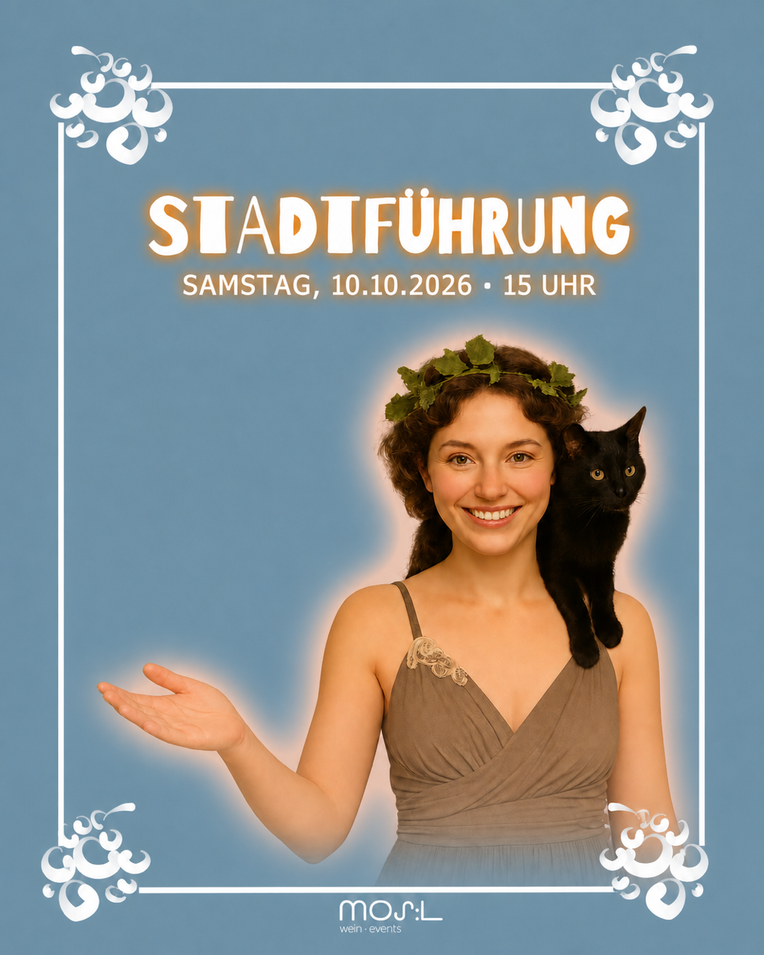 Frau mit Weinlaubkranz und schwarzer Katze – Stadtführung beim Federweißerfest 2026 am 10. Oktober um 15 Uhr